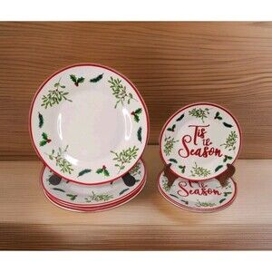 Royal Norfolk Christmas Dinner Salad Plates Tis The Season Mistletoe Holly 7 Pc